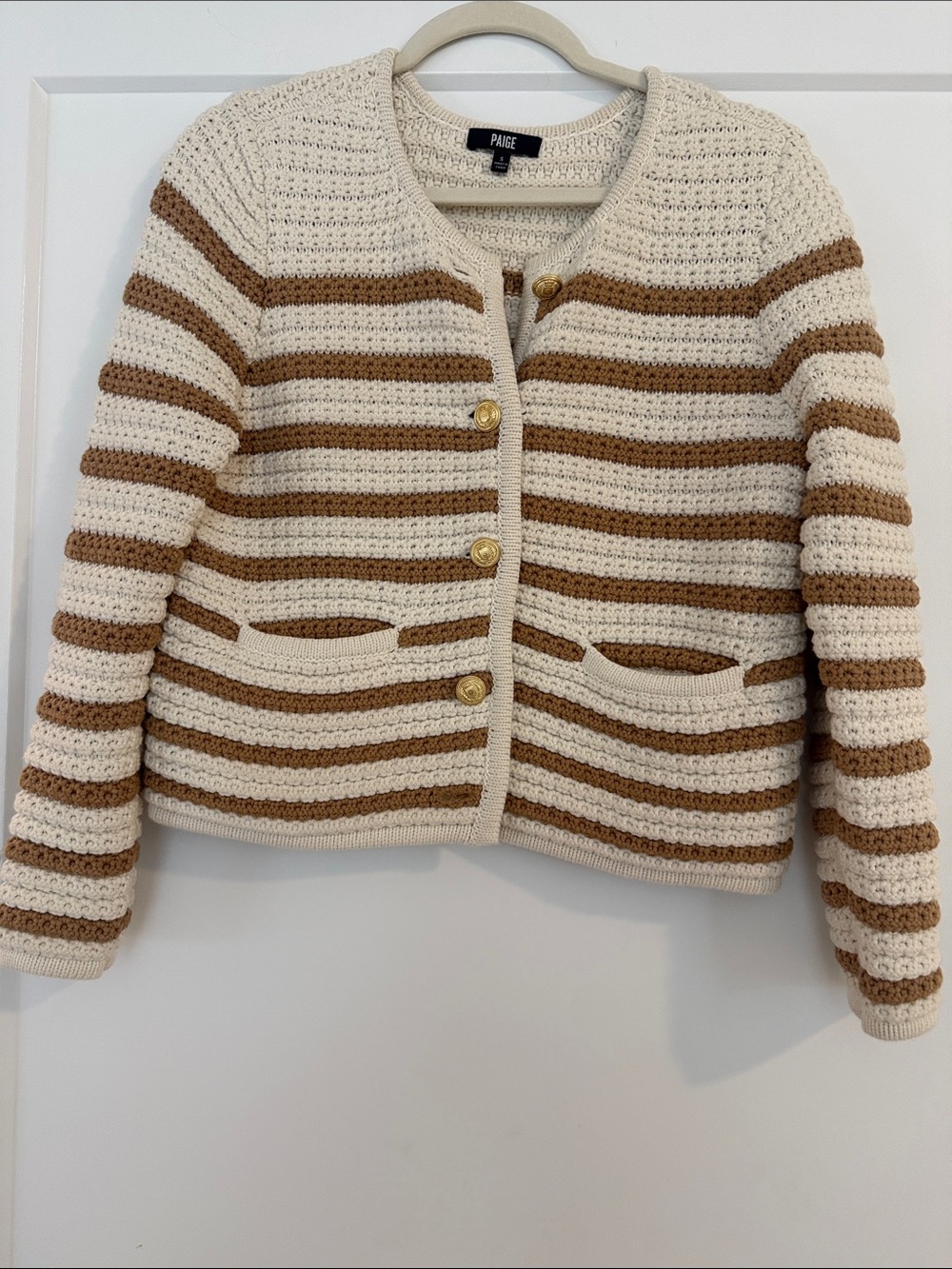 PAIGE Striped Crochet Cardigan in Cream and Brown- worn once